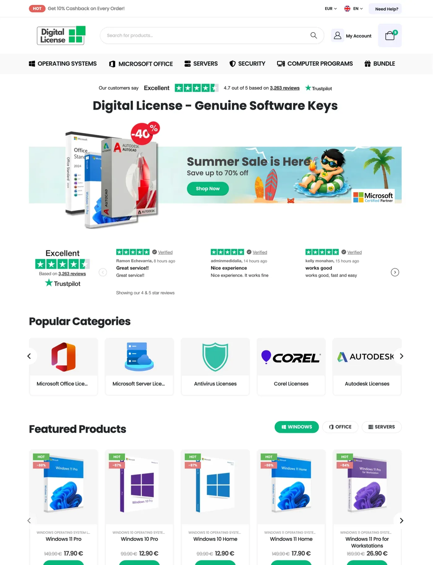 DigitalLicense software key store homepage