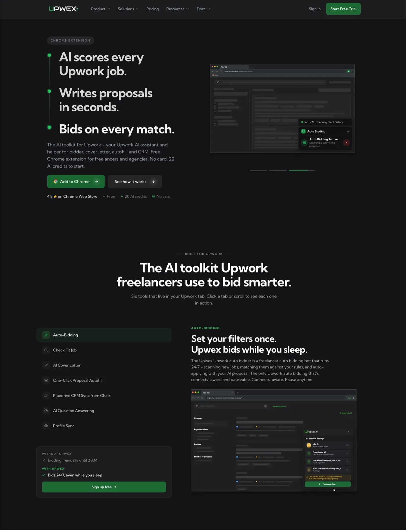 Upwex AI toolkit for Upwork landing page